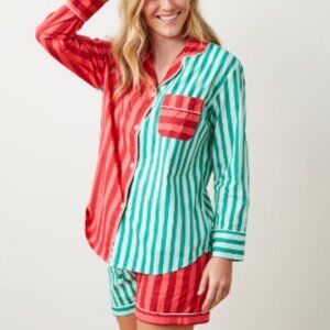 NWT Printfresh Holiday Stripes Long Sleeve Top & Shorts PJ Set, Green & Red, 2X
